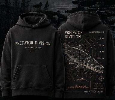Schwarzer HARDWATER Hoodie – Vorderseite und Fischmotiv auf dem Rücken